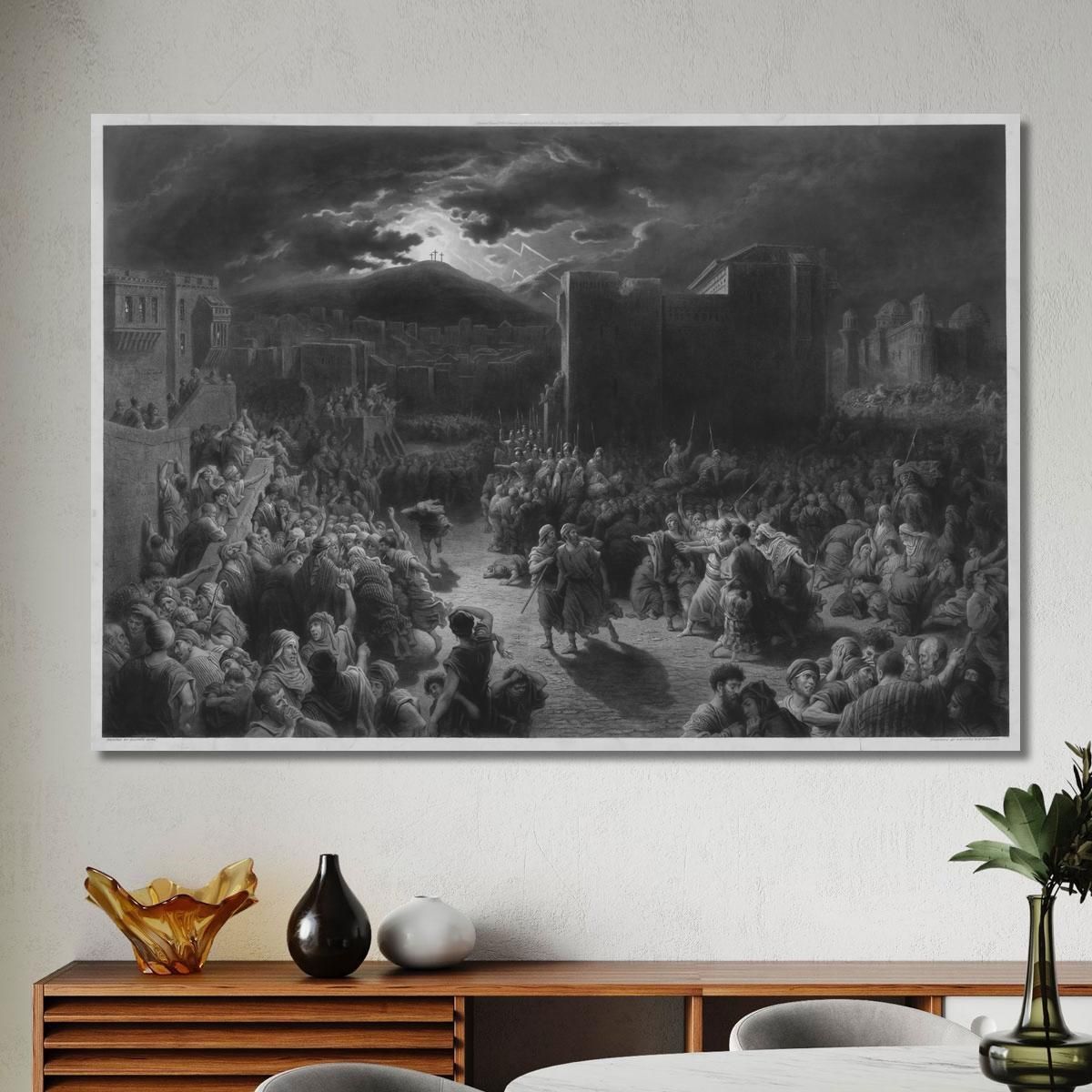 Crucifixion Scene In Stormy Dark Town With Crowds And Roman Soldiers Surrounding Two Men Doré Gustave gdr14 canvas print 