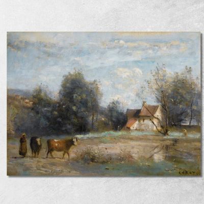 Luzancy Small Peasant Houses By The Water Jean-Baptiste-Camille Corot jbc156 canvas print 