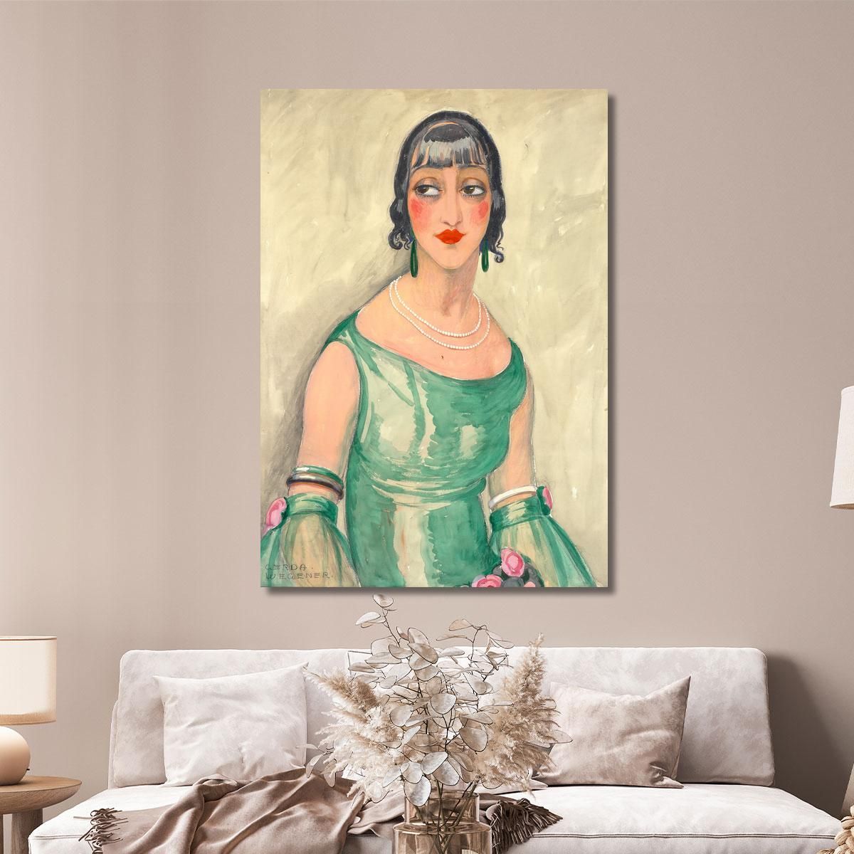 Portrait Of A Woman In Green Dress And Pearls Gerda Wegener gwg13 canvas print 