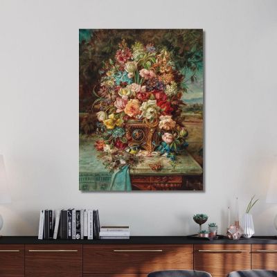 Rich Flower Still Life With Bluetit In Front Of A Wide Landscape Hans Zatzka hzt41 canvas print 