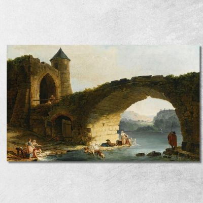 A Capriccio River Landscape With Washerwomen Near A Ruined Bridge Hubert Robert hrb3 canvas print 