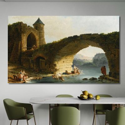 A Capriccio River Landscape With Washerwomen Near A Ruined Bridge Hubert Robert hrb3 canvas print 
