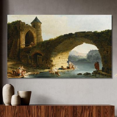 A Capriccio River Landscape With Washerwomen Near A Ruined Bridge Hubert Robert hrb3 canvas print 