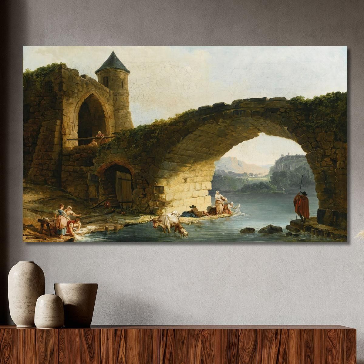 A Capriccio River Landscape With Washerwomen Near A Ruined Bridge Hubert Robert hrb3 canvas print 