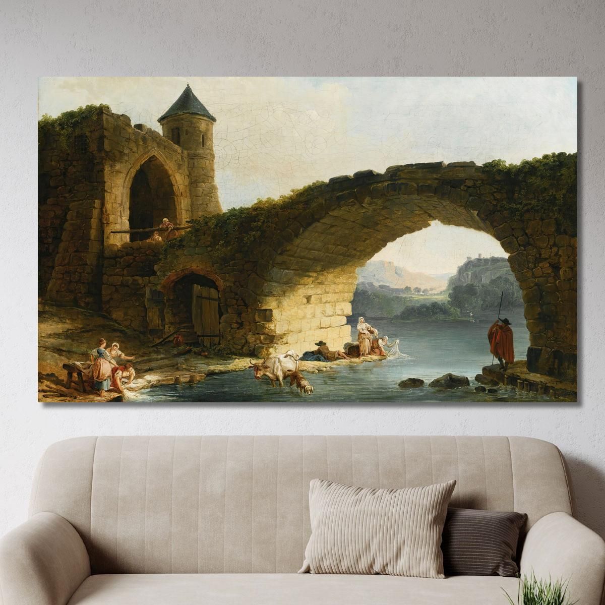 A Capriccio River Landscape With Washerwomen Near A Ruined Bridge Hubert Robert hrb3 canvas print 