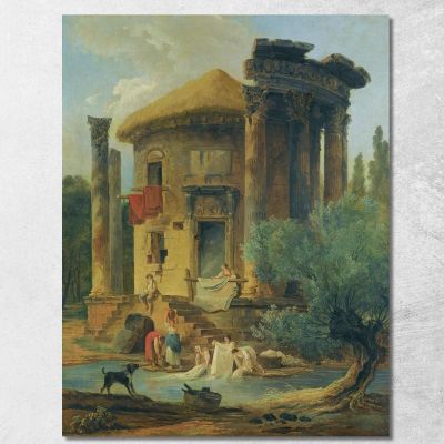 Washerwomen At The Edge Of A River Beneath A Ruined Circular Temple Hubert Robert hrb129 canvas print 