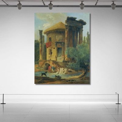 Washerwomen At The Edge Of A River Beneath A Ruined Circular Temple Hubert Robert hrb129 canvas print 