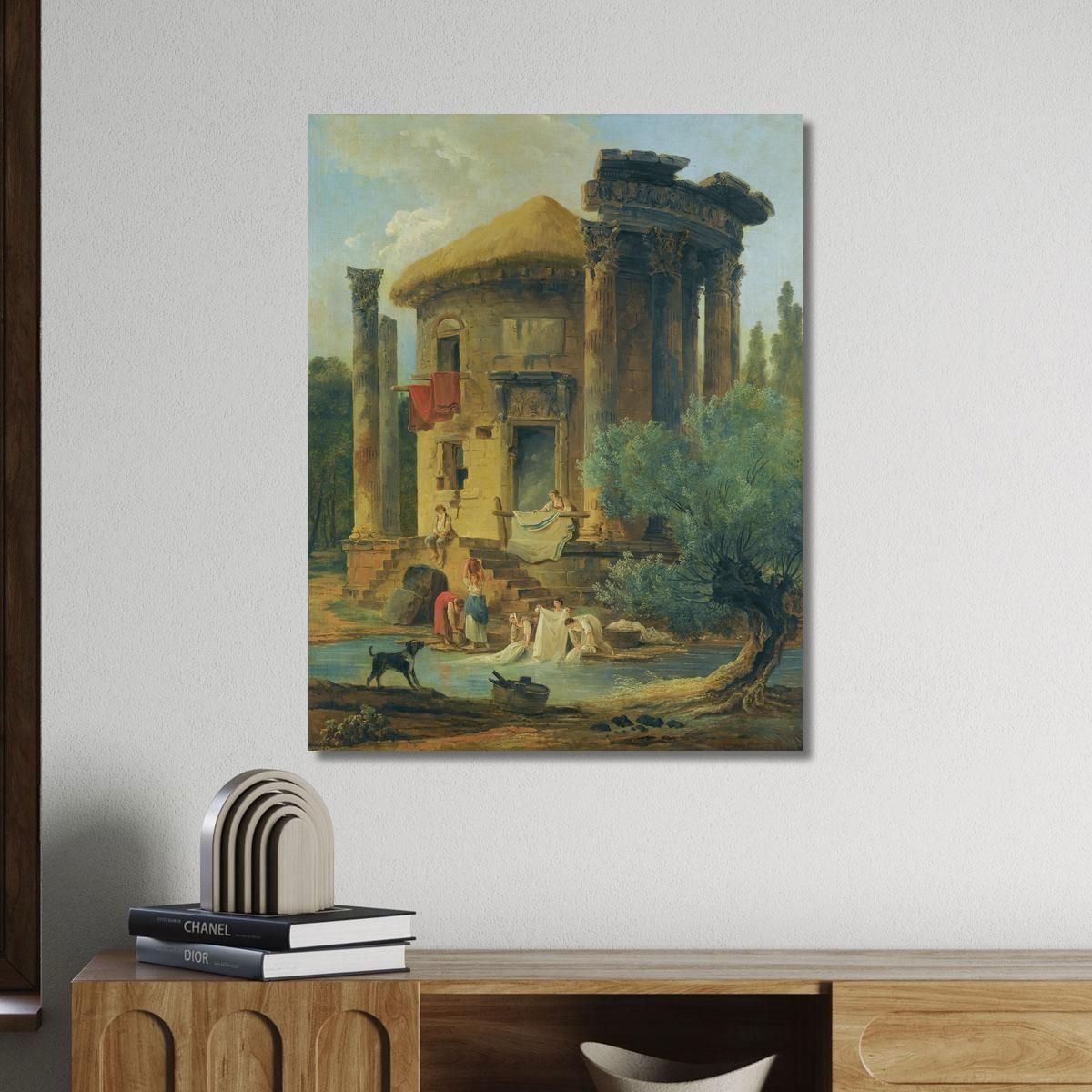 Washerwomen At The Edge Of A River Beneath A Ruined Circular Temple Hubert Robert hrb129 canvas print 