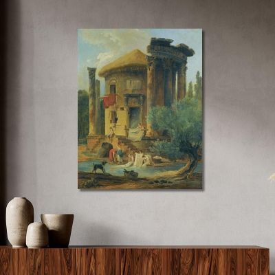 Washerwomen At The Edge Of A River Beneath A Ruined Circular Temple Hubert Robert hrb129 canvas print 