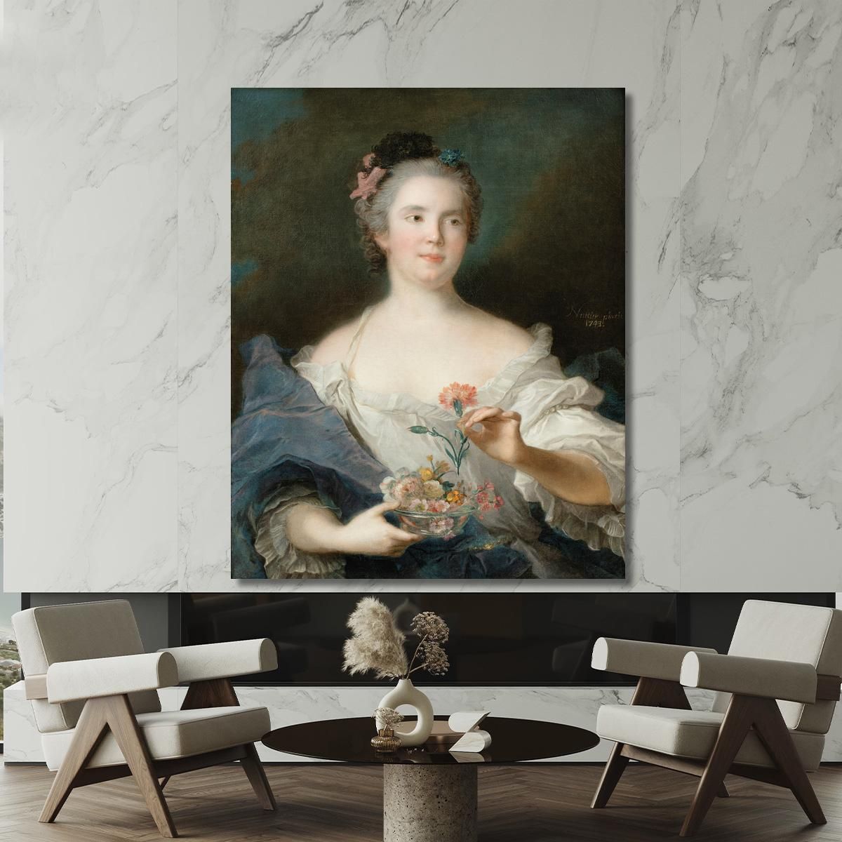 Portrait Of A Lady Holding A Carnation Said To Be La Duchesse De Châteauroux Jean-Marc Nattier jmn17 canvas print 