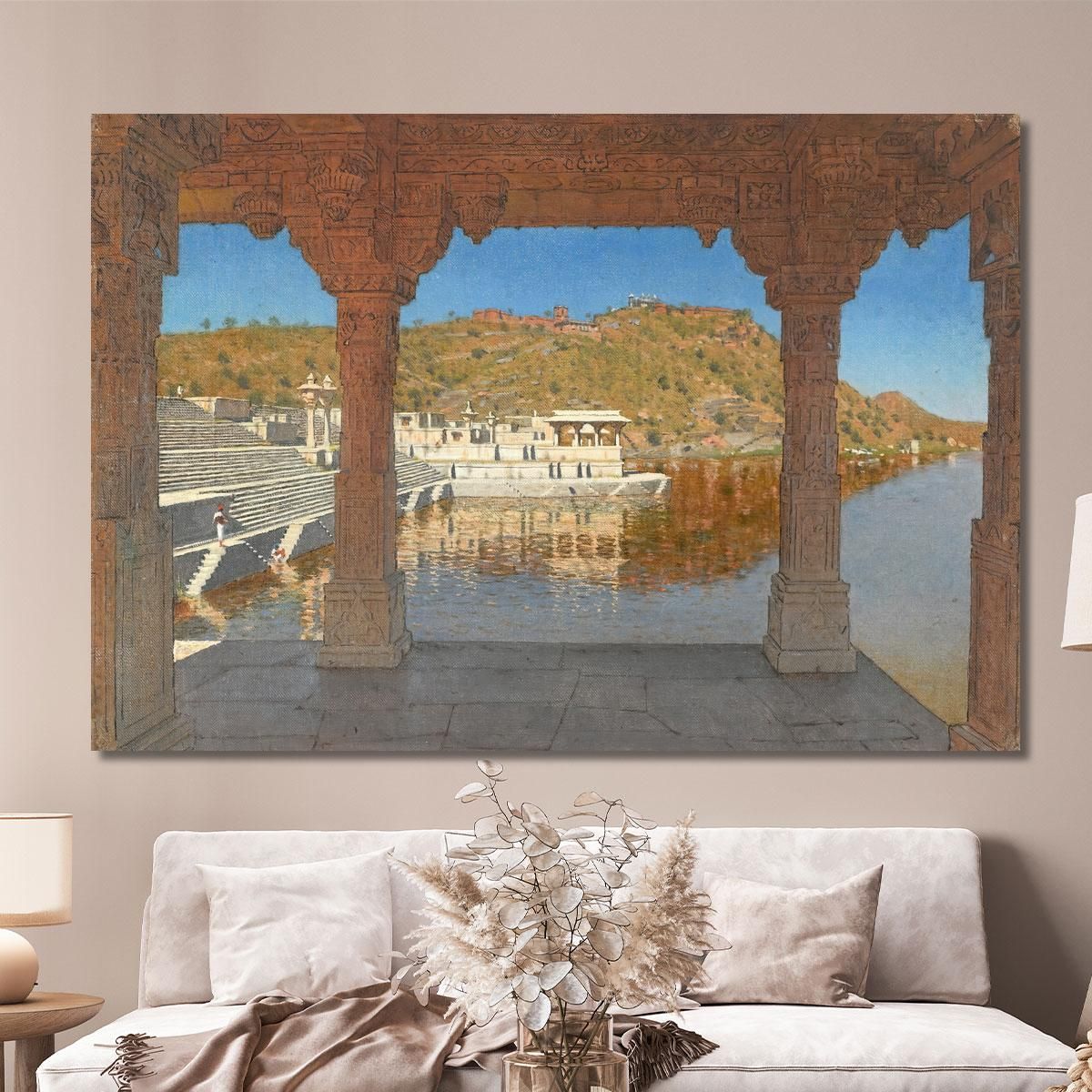 Rajnagar. Marble Embankment Decorated With Bas-Reliefs On A Lake In Udaipur Vasily Vereshchagin vvr45 canvas print 