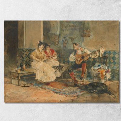 Two Women In An Interior Listening To A Guitarist Joaquín Sorolla jsr115 canvas print 