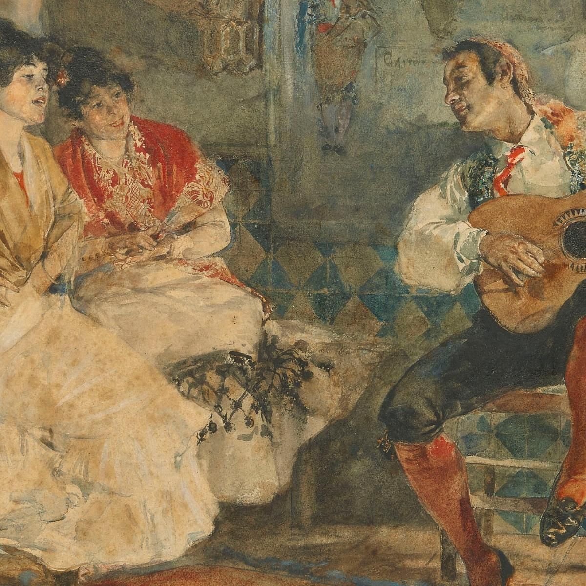 Two Women In An Interior Listening To A Guitarist Joaquín Sorolla jsr115 canvas print