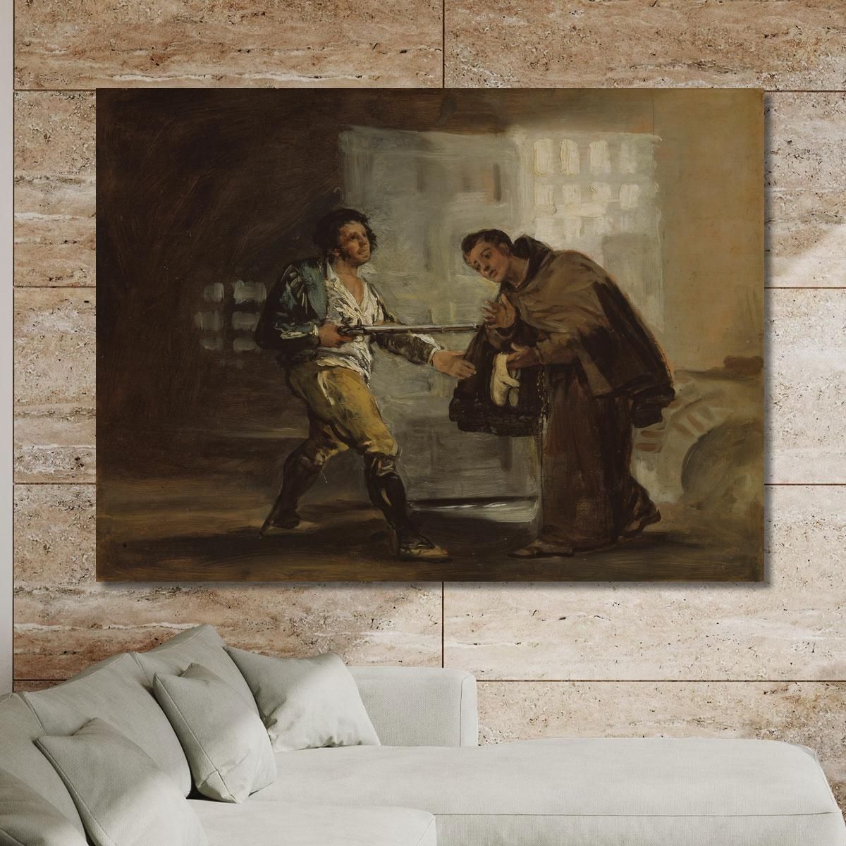 Friar Pedro Offers Shoes To El Maragato And Prepares To Push Aside His Gun Francisco de Goya fgy23 canvas print 