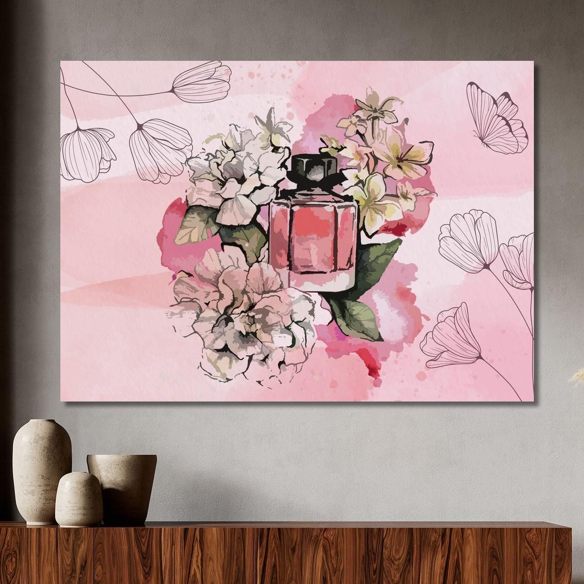 Painting Pink Perfume Bottle Among Flowers On Watercolor Background Fashion fsn9 canvas print 