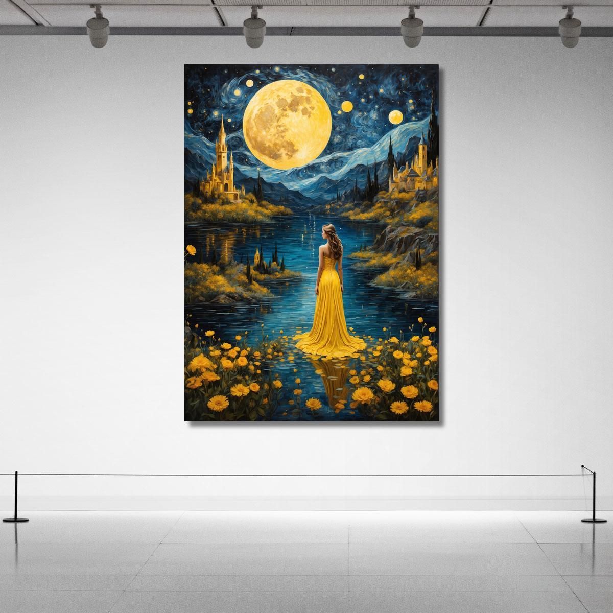 Painting Woman Yellow Dress Full Moon Enchanted Landscape Fashion fsn16 canvas print 