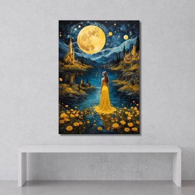 Painting Woman Yellow Dress Full Moon Enchanted Landscape Fashion fsn16 canvas print 