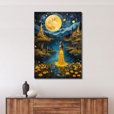 Painting Woman Yellow Dress Full Moon Enchanted Landscape Fashion fsn16 canvas print 