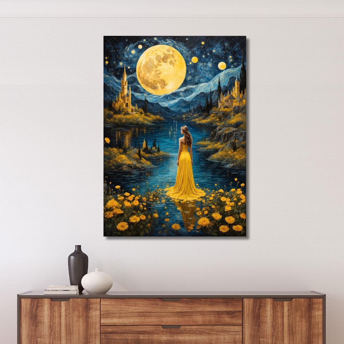 Painting Woman Yellow Dress Full Moon Enchanted Landscape Fashion fsn16 canvas print 