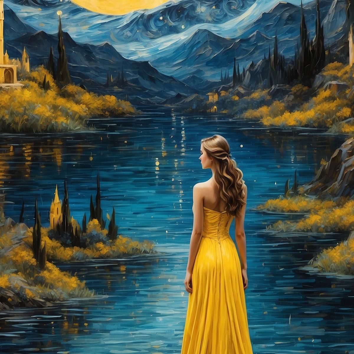 Painting Woman Yellow Dress Full Moon Enchanted Landscape Fashion fsn16 canvas print