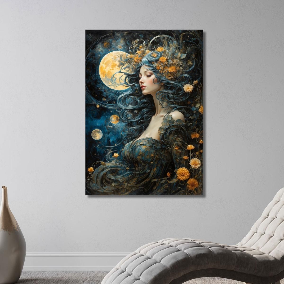Painting Woman Wavy Hair Blue Full Moon Yellow Flowers Fantasy Fashion fsn25 canvas print 