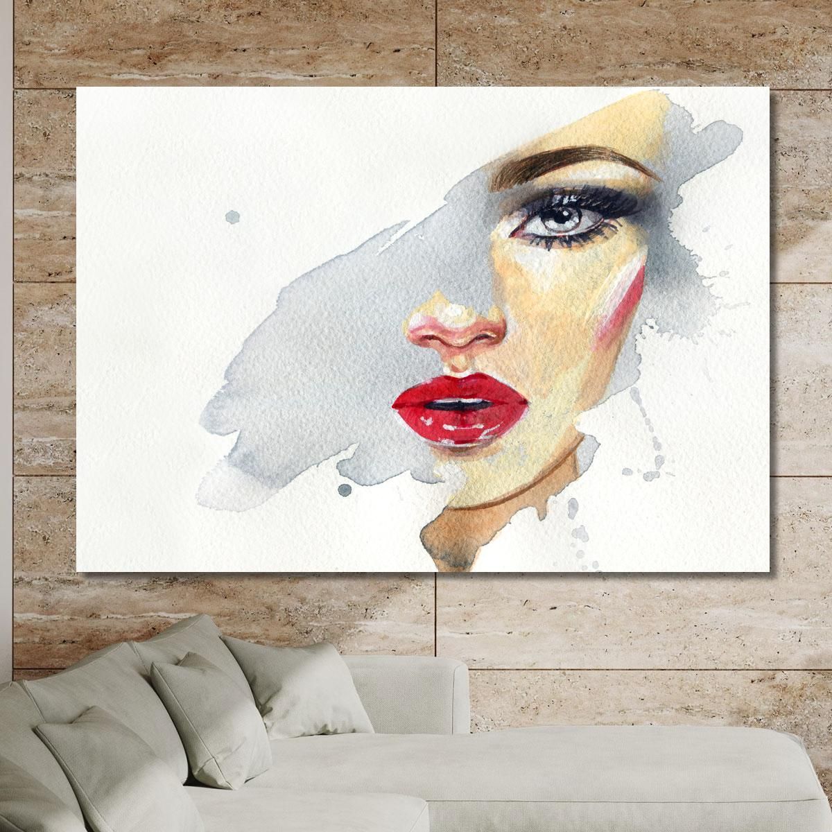 Painting Elegant Woman With Red Lips On Watercolor Background Fashion fsn34 canvas print 