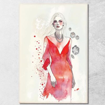 Painting Woman Figure Elegant Necklace Precious Red Dress Fashion fsn39 canvas print 