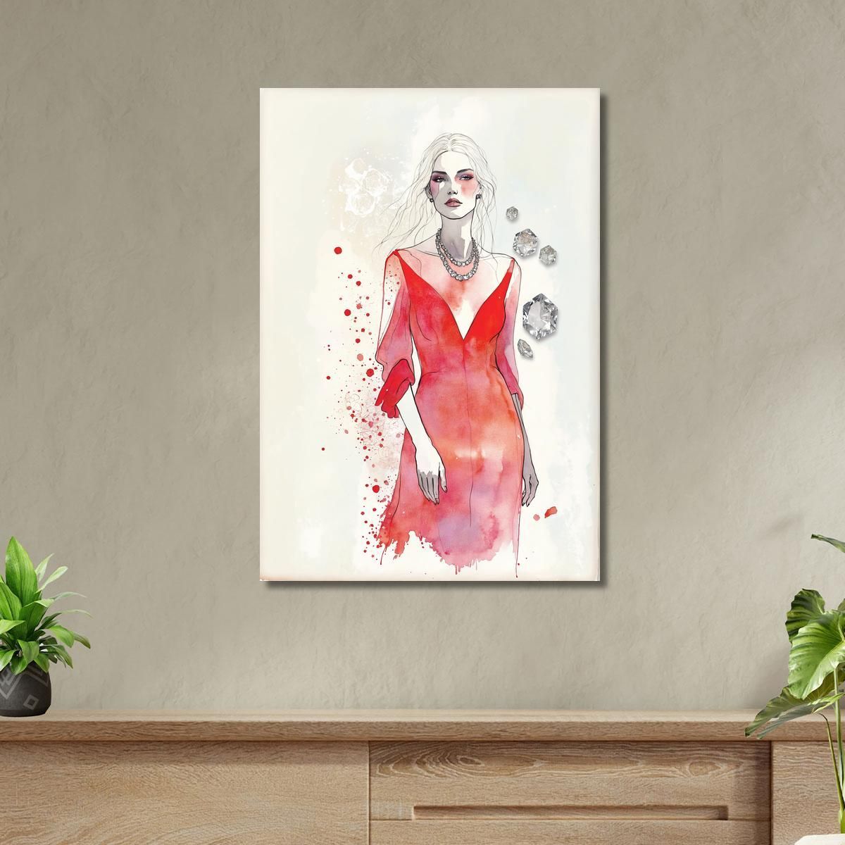 Painting Woman Figure Elegant Necklace Precious Red Dress Fashion fsn39 canvas print 