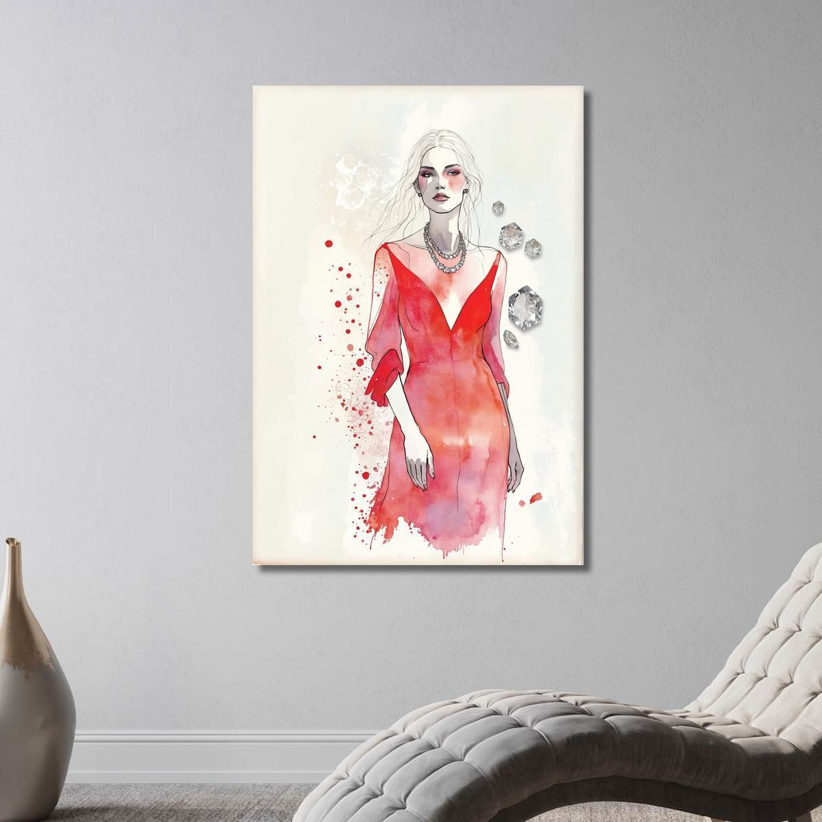 Painting Woman Figure Elegant Necklace Precious Red Dress Fashion fsn39 canvas print 