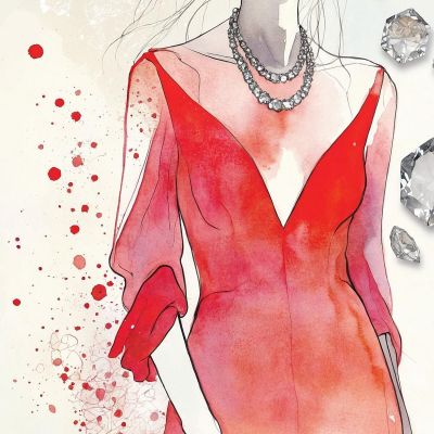 Painting Woman Figure Elegant Necklace Precious Red Dress Fashion fsn39 canvas print