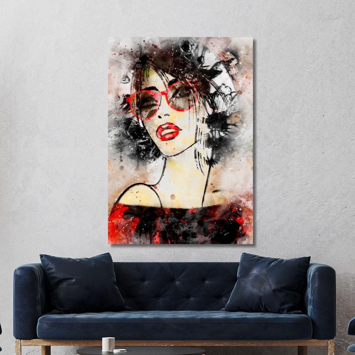 Painting Woman Portrait Modern Red Glasses Watercolor Fashion fsn46 canvas print 