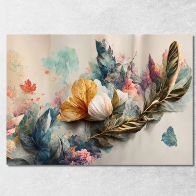 Elegant Painting With Golden And Blue Flowers On A Light Vintage Background Modern Painting Abstract Flowers flp11 canvas prin