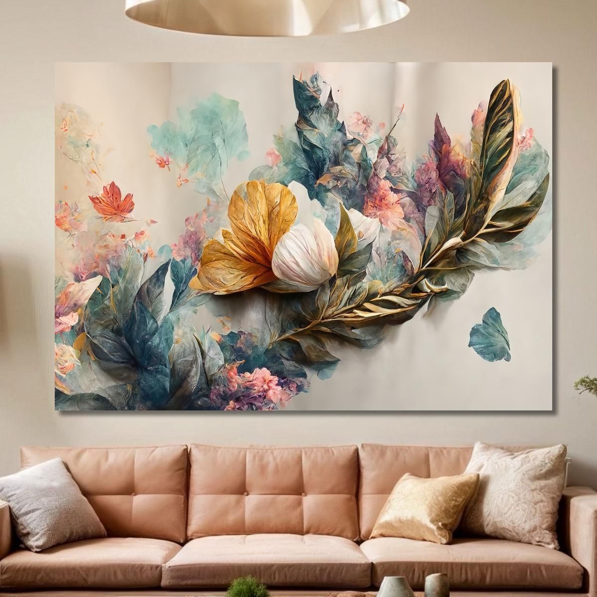 Elegant Painting With Golden And Blue Flowers On A Light Vintage Background Modern Painting Abstract Flowers flp11 canvas prin