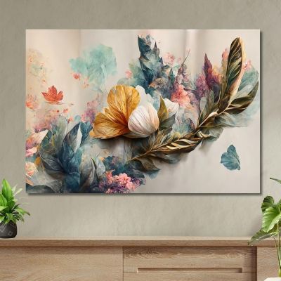 Elegant Painting With Golden And Blue Flowers On A Light Vintage Background Modern Painting Abstract Flowers flp11 canvas prin