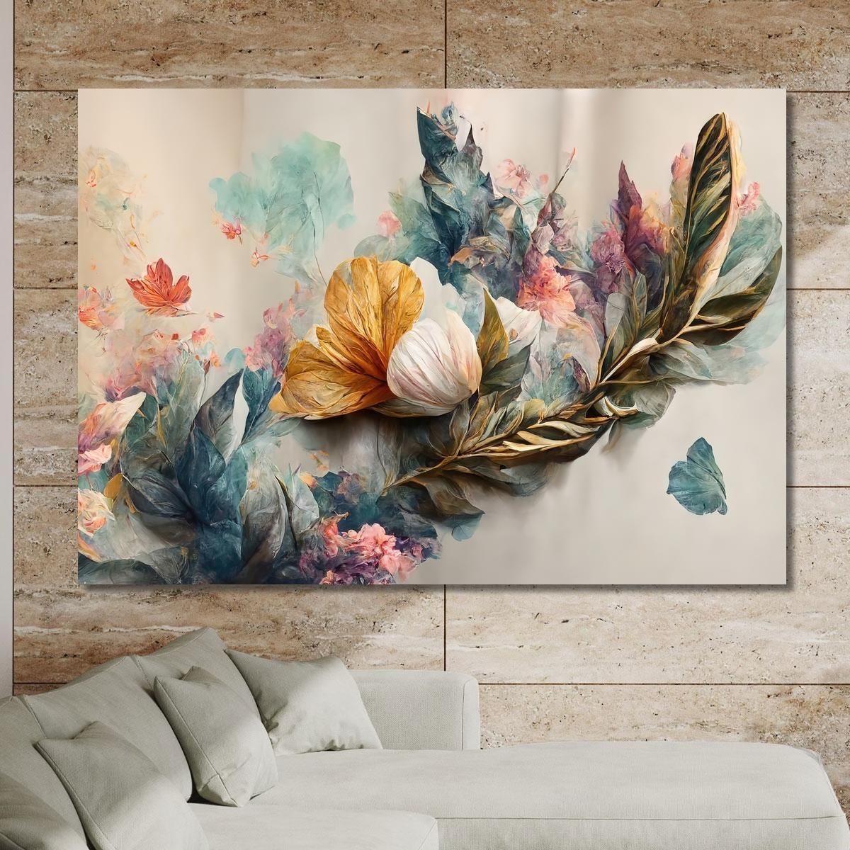 Elegant Painting With Golden And Blue Flowers On A Light Vintage Background Modern Painting Abstract Flowers flp11 canvas prin