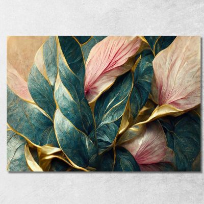 Vintage Gold Veined Green Leaves Painting Modern Abstract Flowers Painting flp25 canvas print 