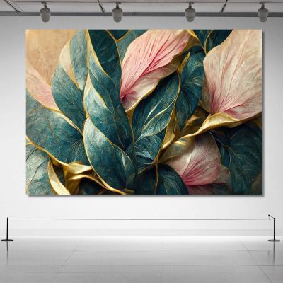 Vintage Gold Veined Green Leaves Painting Modern Abstract Flowers Painting flp25 canvas print 