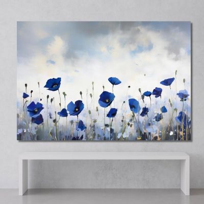 Blue Poppies Painting On Black And White Background Modern Abstract Flowers Painting flp32 canvas print 