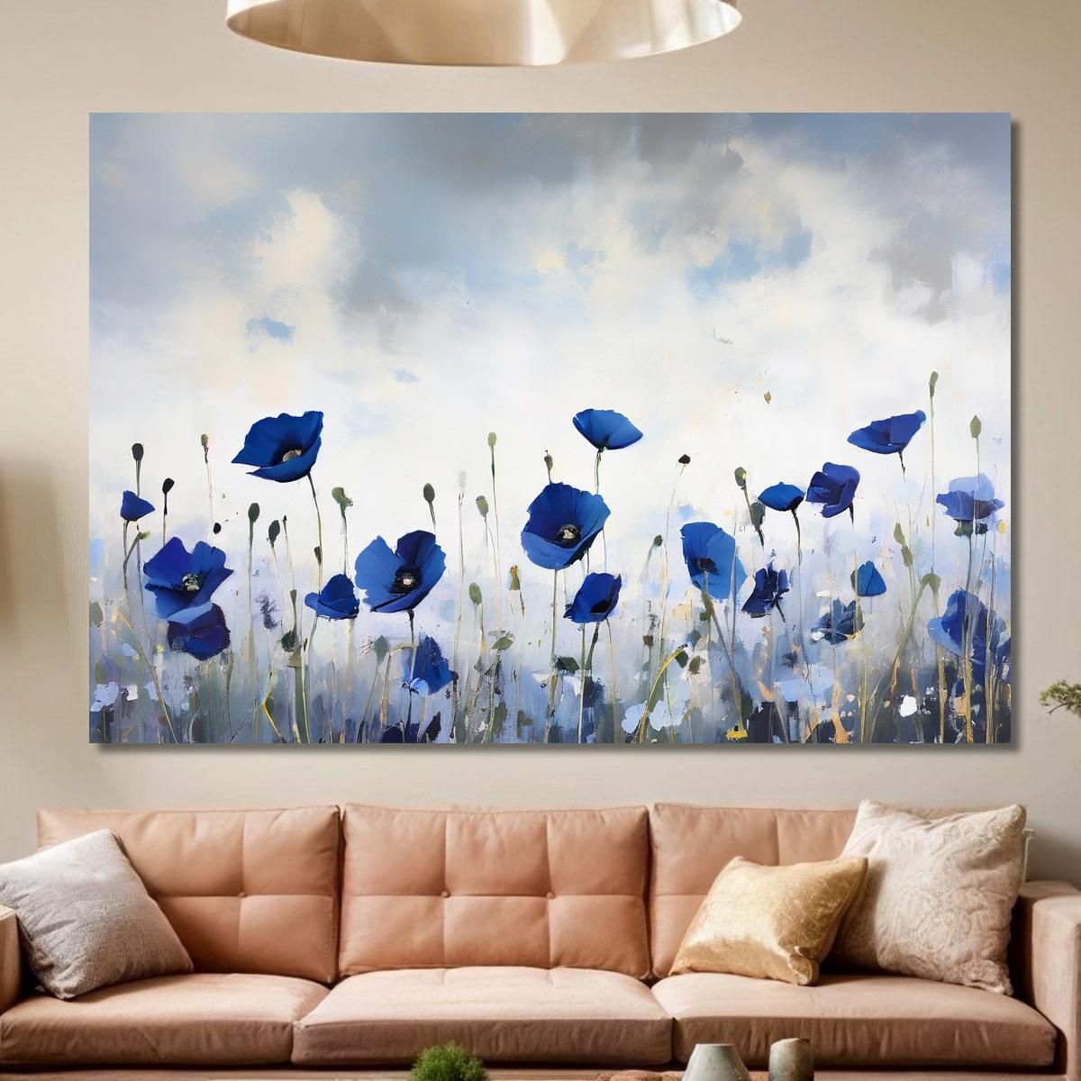 Blue Poppies Painting On Black And White Background Modern Abstract Flowers Painting flp32 canvas print 