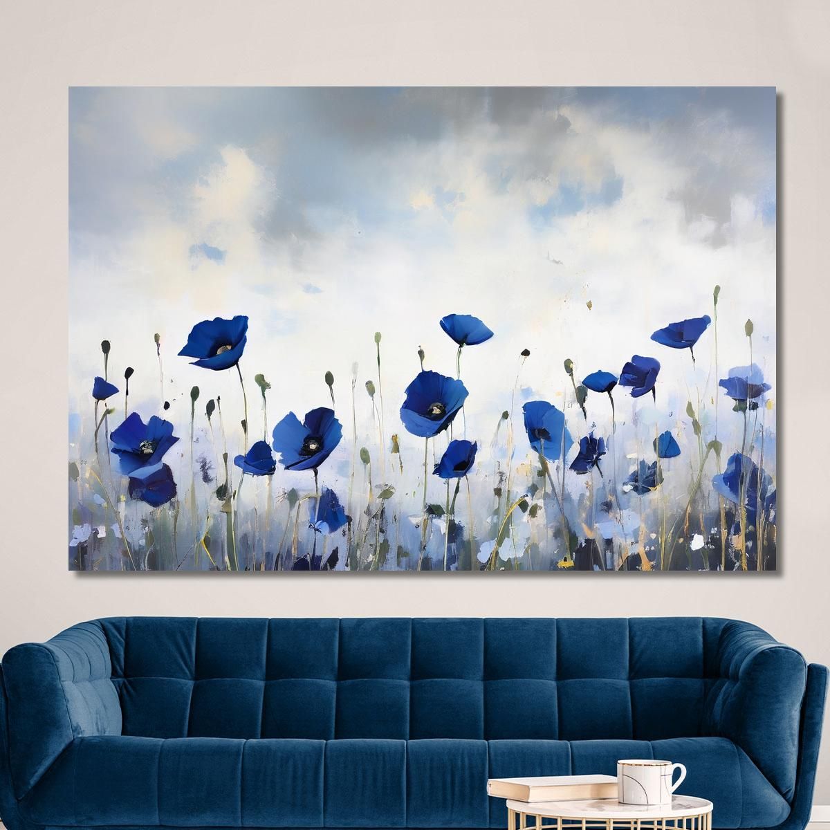 Blue Poppies Painting On Black And White Background Modern Abstract Flowers Painting flp32 canvas print 