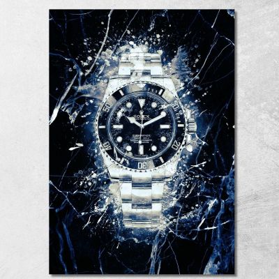 Modern Watch Painting Rolex Black Submariner On White And Black Marble rlx13 canvas print 