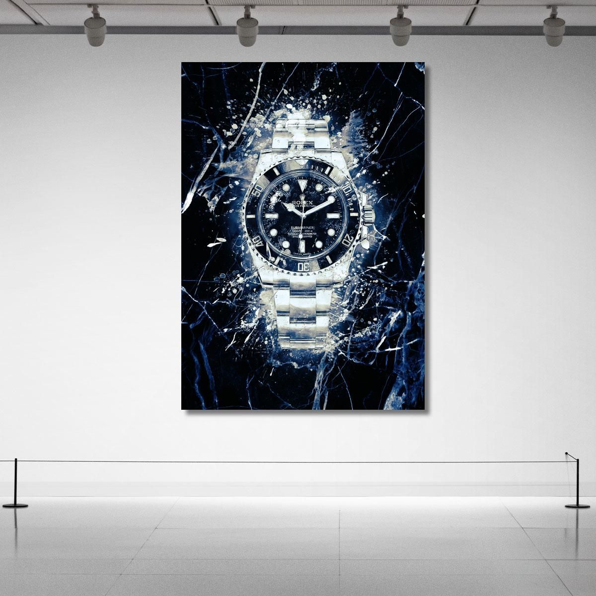 Modern Watch Painting Rolex Black Submariner On White And Black Marble rlx13 canvas print 