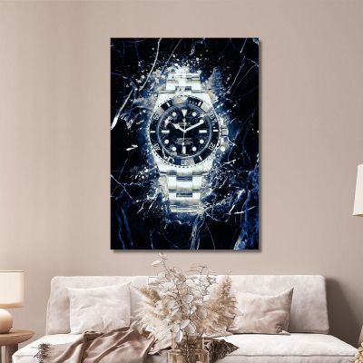 Modern Watch Painting Rolex Black Submariner On White And Black Marble rlx13 canvas print 
