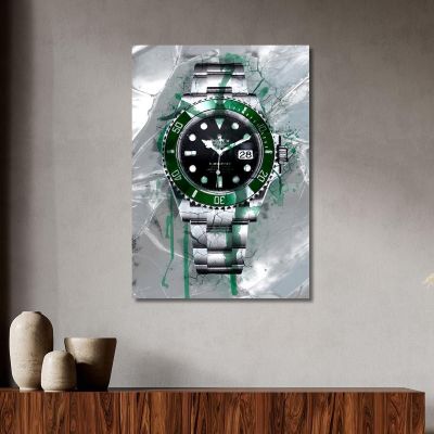 Modern Watch Painting Rolex Green And Black Submariner On Green Glass rlx19 canvas print 