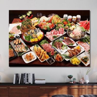 Modern Painting Japanese Buffet With Sushi Meat And Seafood foo8 canvas print 