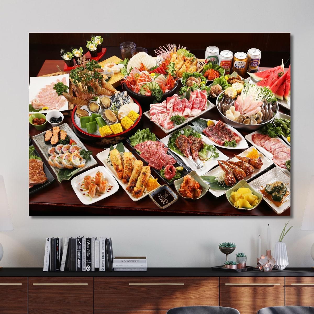 Modern Painting Japanese Buffet With Sushi Meat And Seafood foo8 canvas print 