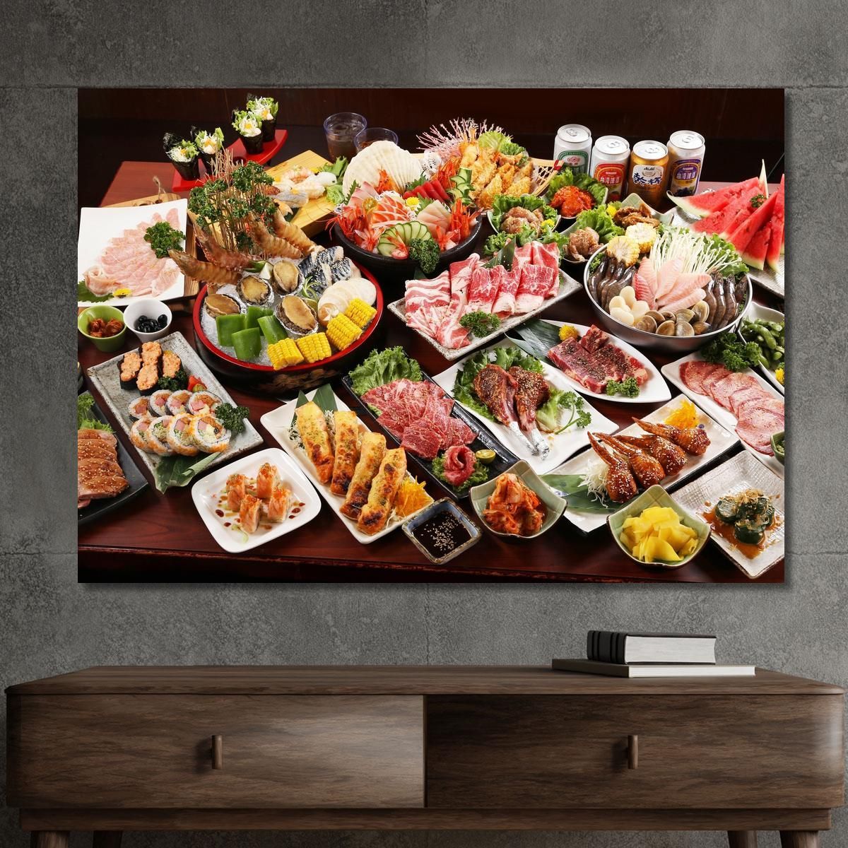 Modern Painting Japanese Buffet With Sushi Meat And Seafood foo8 canvas print 