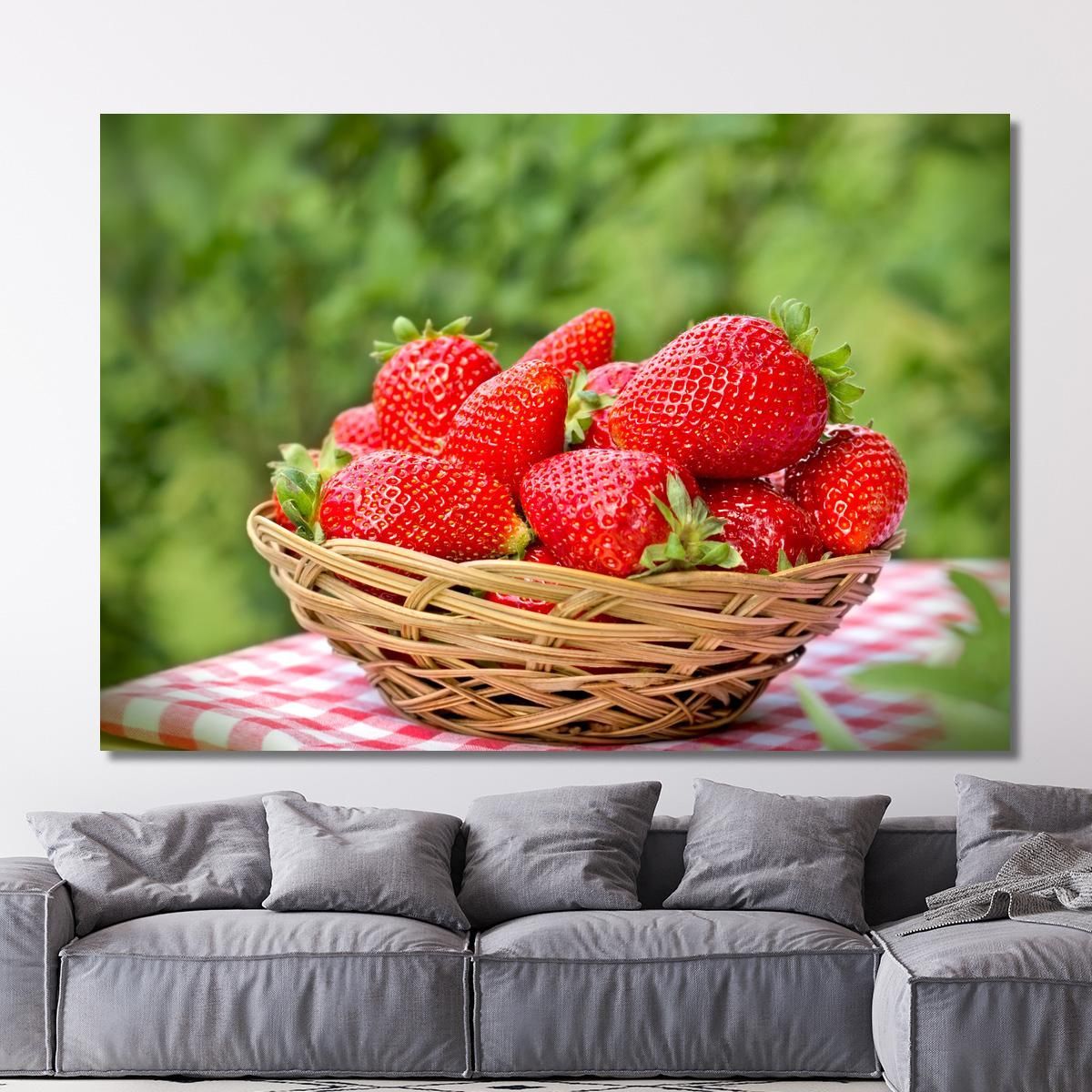 Modern Painting Basket Of Fresh Strawberries On Green Background foo20 canvas print 