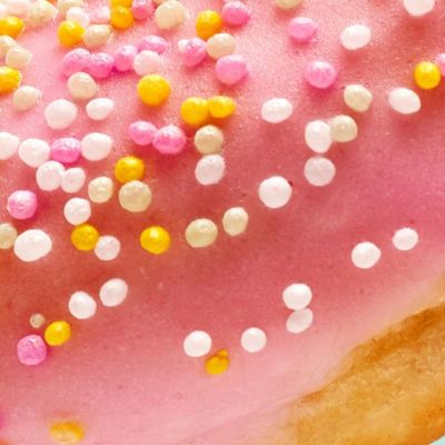 Modern Painting Pink Glazed Donut With Colored Sprinkles On Pastel Green Background foo25 canvas print