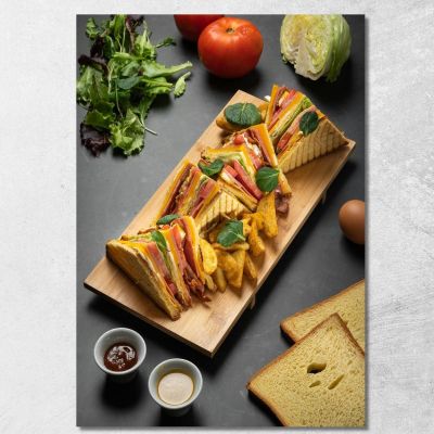 Modern Painting Club Sandwich With Chips On Wooden Cutting Board And Fresh Ingredients foo29 canvas print 